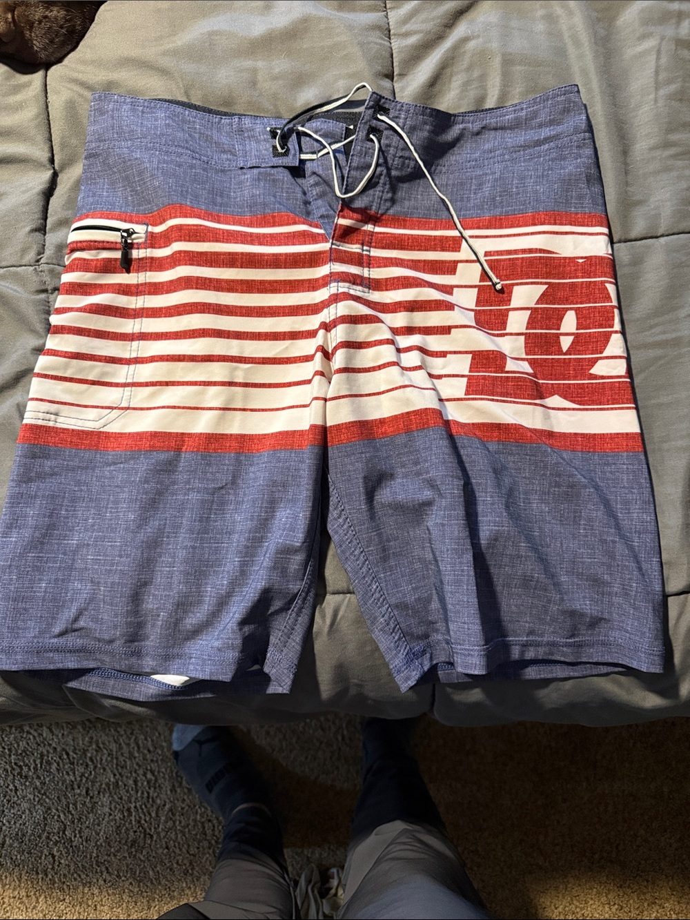 DC Men's Blue, Red and White Striped Board Shorts